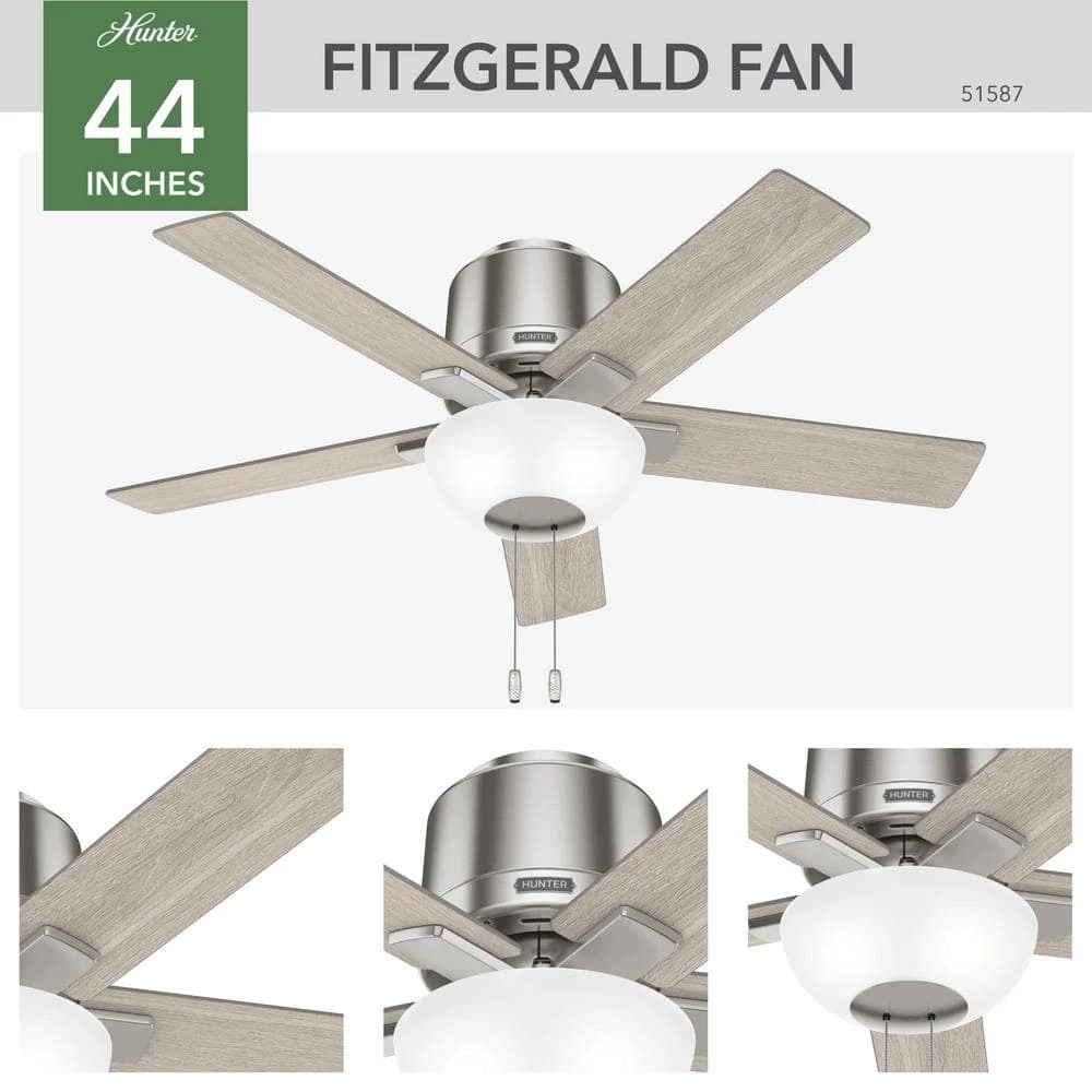 Fitzgerald 44 in. Indoor Brushed Nickel Ceiling Fan with Light Kit Included by Hunter 7 Fitzgerald 44 in. Indoor Brushed Nickel Ceiling Fan with Light Kit Included by Hunter - Image 5