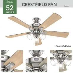 Crestfield 52 in. Indoor Brushed Nickel Ceiling Fan with Light Kit and Remote by Hunter -Hunter Sales brushed nickel hunter ceiling fans with lights 51858 1d 1000