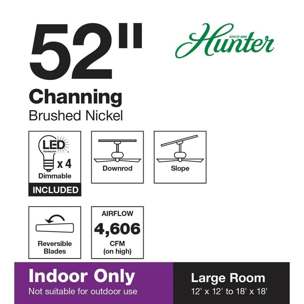 Channing 52 in. Indoor LED Brushed Nickel Ceiling Fan with Light by Hunter 5 Channing 52 in. Indoor LED Brushed Nickel Ceiling Fan with Light by Hunter - Image 3