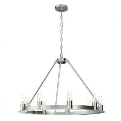 Saddlewood 9-Light Brushed Nickel Wagon Wheel Chandelier by Hunter