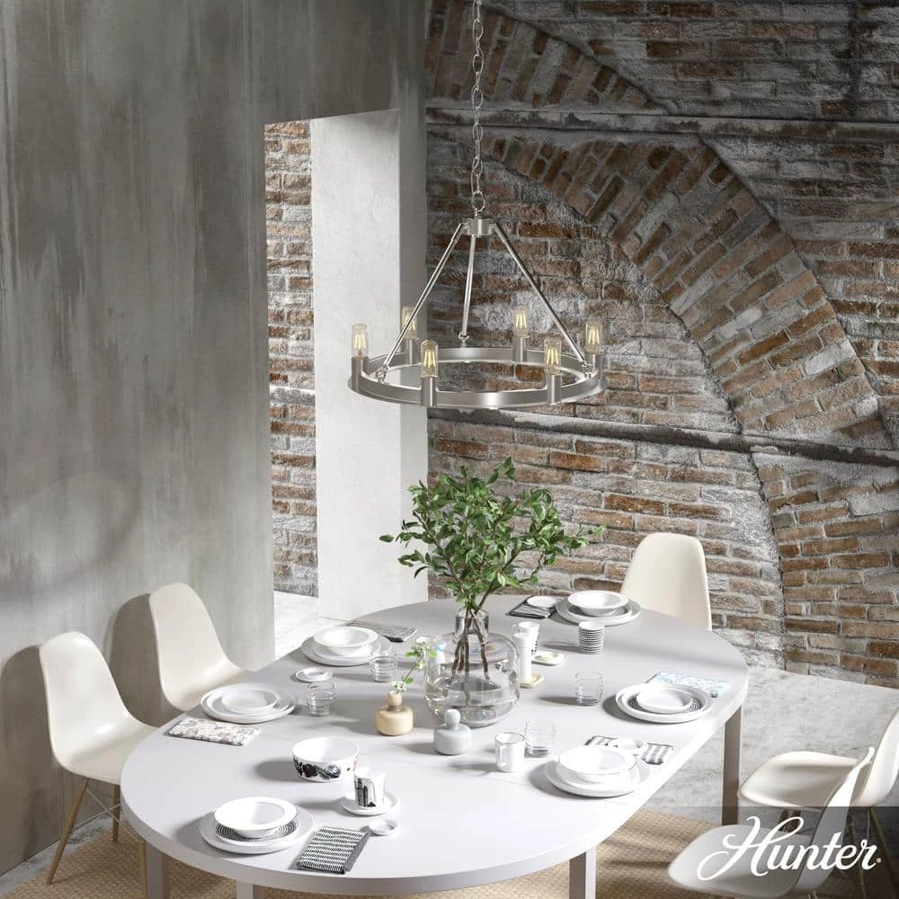 Saddlewood 6-Light Brushed Nickel Wagonwheel Chandelier by Hunter 5 Saddlewood 6-Light Brushed Nickel Wagonwheel Chandelier by Hunter - Image 3