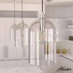 Lochmeade 1 Light Brushed Nickel Pendant with Seeded Glass Shade Kitchen Light by Hunter -Hunter Sales brushed nickel hunter chandeliers 19203 e1 1000
