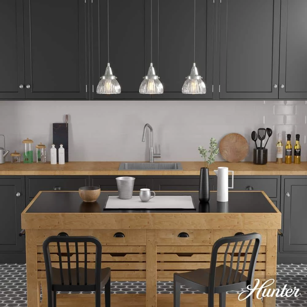 Cypress Grove 3 Light Brushed Nickel Island Chandelier with Clear Holophane Glass Shades Kitchen Light by Hunter 5 Cypress Grove 3 Light Brushed Nickel Island Chandelier with Clear Holophane Glass Shades Kitchen Light by Hunter - Image 3