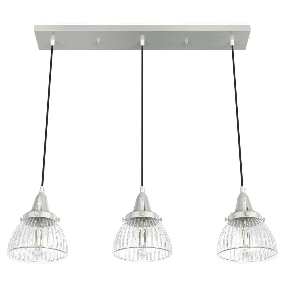 Cypress Grove 3 Light Brushed Nickel Island Chandelier with Clear Holophane Glass Shades Kitchen Light by Hunter 11 Cypress Grove 3 Light Brushed Nickel Island Chandelier with Clear Holophane Glass Shades Kitchen Light by Hunter - Image 9