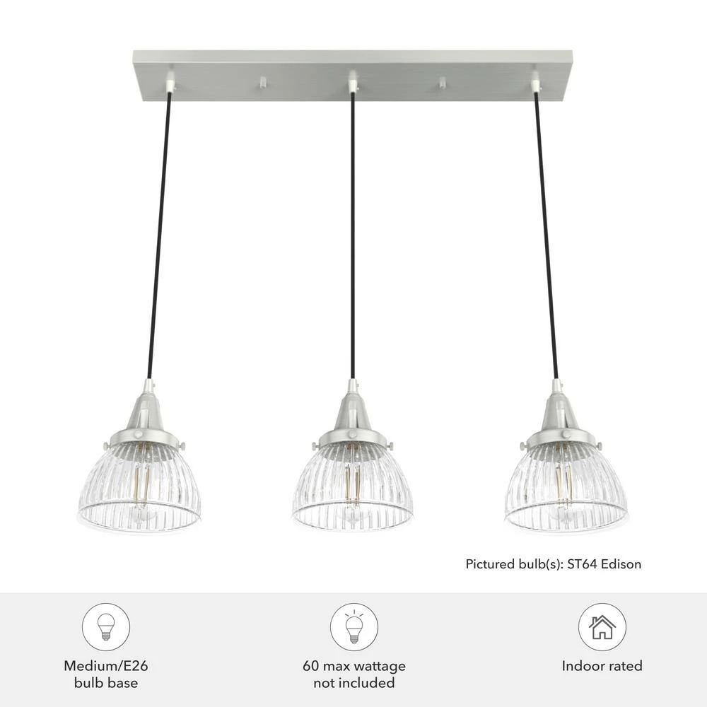 Cypress Grove 3 Light Brushed Nickel Island Chandelier with Clear Holophane Glass Shades Kitchen Light by Hunter 8 Cypress Grove 3 Light Brushed Nickel Island Chandelier with Clear Holophane Glass Shades Kitchen Light by Hunter - Image 6