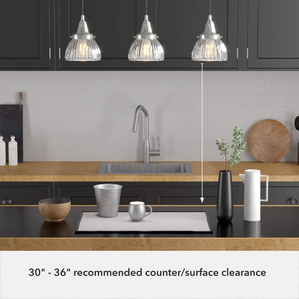 Cypress Grove 3 Light Brushed Nickel Island Chandelier with Clear Holophane Glass Shades Kitchen Light by Hunter 10 Cypress Grove 3 Light Brushed Nickel Island Chandelier with Clear Holophane Glass Shades Kitchen Light by Hunter - Image 8