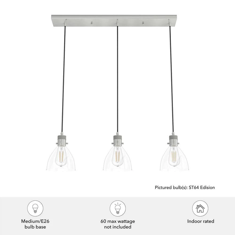 Van Nuys 3 Light Brushed Nickel Island Chandelier with Clear Glass Shades Dining Room Light by Hunter 8 Van Nuys 3 Light Brushed Nickel Island Chandelier with Clear Glass Shades Dining Room Light by Hunter - Image 6