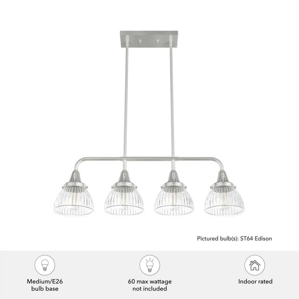 Cypress Grove 4 Light Brushed Nickel Billiard Chandelier with Clear Holophane Glass Shades Kitchen Light by Hunter 8 Cypress Grove 4 Light Brushed Nickel Billiard Chandelier with Clear Holophane Glass Shades Kitchen Light by Hunter - Image 6