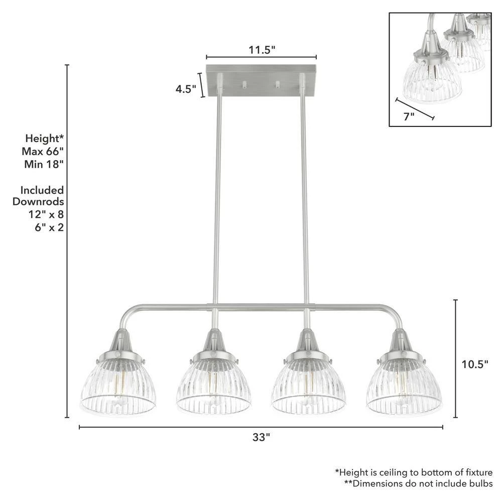 Cypress Grove 4 Light Brushed Nickel Billiard Chandelier with Clear Holophane Glass Shades Kitchen Light by Hunter 9 Cypress Grove 4 Light Brushed Nickel Billiard Chandelier with Clear Holophane Glass Shades Kitchen Light by Hunter - Image 7