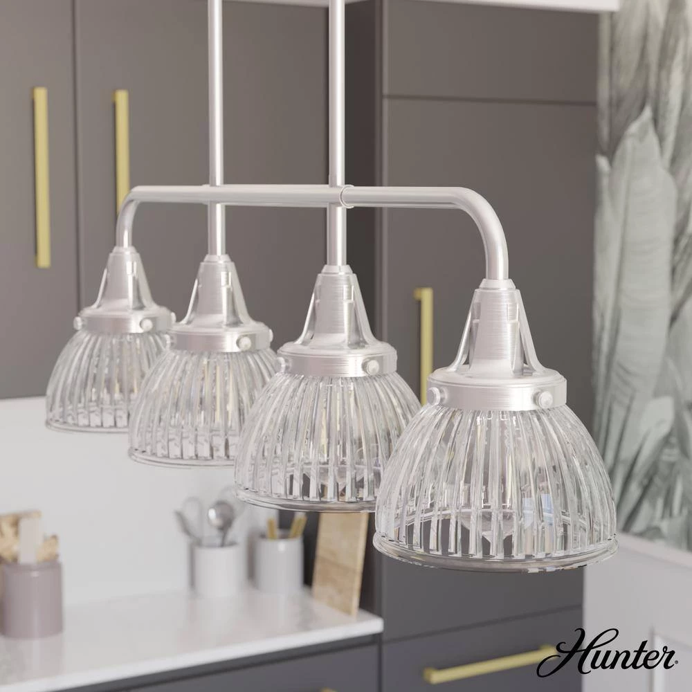 Cypress Grove 4 Light Brushed Nickel Billiard Chandelier with Clear Holophane Glass Shades Kitchen Light by Hunter 4 Cypress Grove 4 Light Brushed Nickel Billiard Chandelier with Clear Holophane Glass Shades Kitchen Light by Hunter - Image 2
