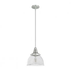 Cypress Grove 1 Light Brushed Nickel Island Pendent Light with Clear Holophane Glass Shade Dining Room Light by Hunter
