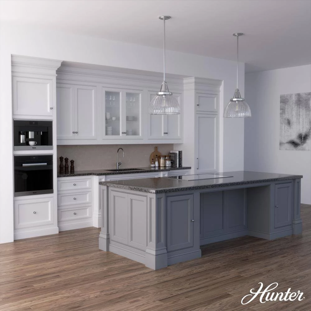 Cypress Grove 1 Light Brushed Nickel Island Pendant Light with Clear Holophane Glass Shade Dining Room Light by Hunter 5 Cypress Grove 1 Light Brushed Nickel Island Pendant Light with Clear Holophane Glass Shade Dining Room Light by Hunter - Image 3