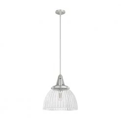 Cypress Grove 1 Light Brushed Nickel Island Pendant Light with Clear Holophane Glass Shade Dining Room Light by Hunter