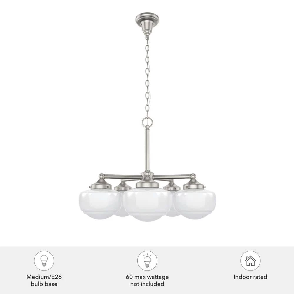 Saddle Creek 5-Light Brushed Nickel Shaded Chandelier with Cased White Glass Shades by Hunter 8 Saddle Creek 5-Light Brushed Nickel Shaded Chandelier with Cased White Glass Shades by Hunter - Image 6