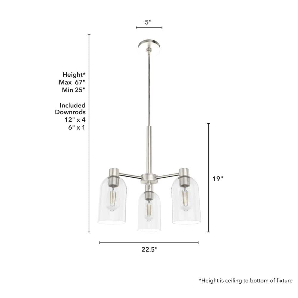 Lochemeade 3 Light Brushed Nickel Chandelier with Clear Seeded Glass Shades Kitchen Light by Hunter 8 Lochemeade 3 Light Brushed Nickel Chandelier with Clear Seeded Glass Shades Kitchen Light by Hunter - Image 6