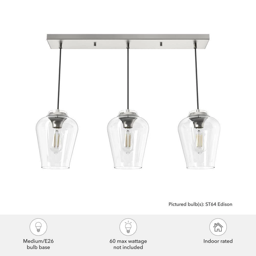 Vidria 3-Light Brushed Nickel Linear Chandelier with Clear Glass Shades by Hunter 7 Vidria 3-Light Brushed Nickel Linear Chandelier with Clear Glass Shades by Hunter - Image 5