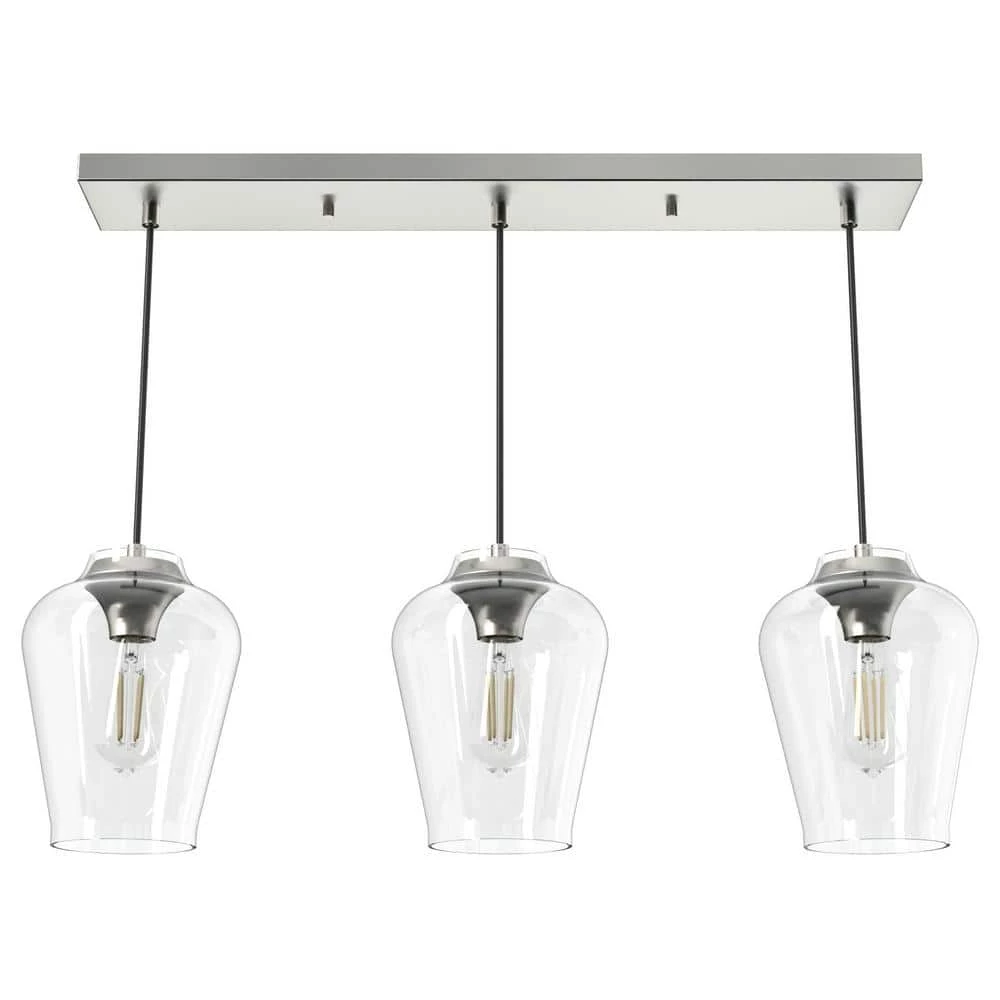 Vidria 3-Light Brushed Nickel Linear Chandelier with Clear Glass Shades by Hunter 3 Vidria 3-Light Brushed Nickel Linear Chandelier with Clear Glass Shades by Hunter