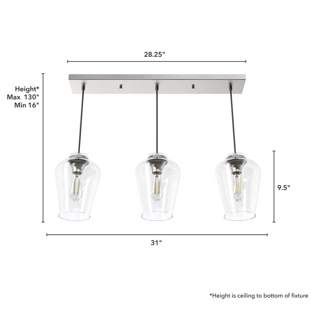Vidria 3-Light Brushed Nickel Linear Chandelier with Clear Glass Shades by Hunter 8 Vidria 3-Light Brushed Nickel Linear Chandelier with Clear Glass Shades by Hunter - Image 6