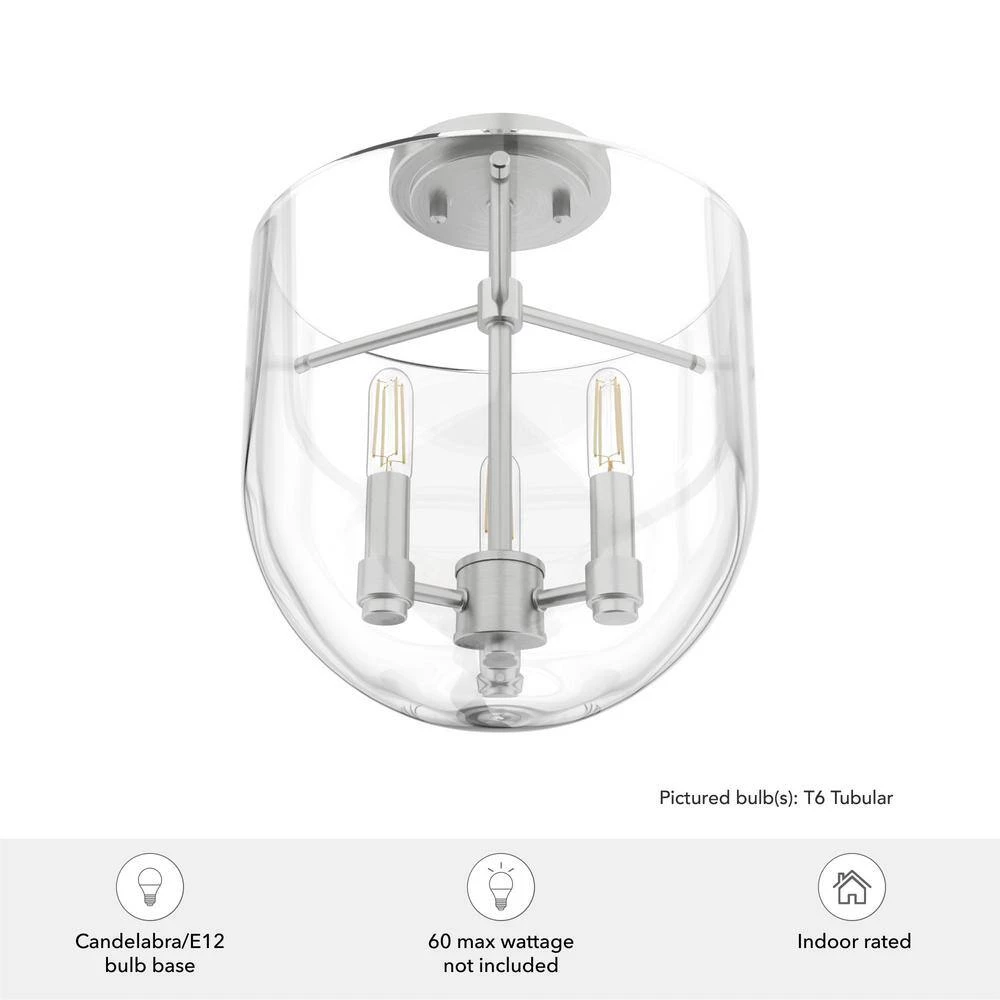 Sacha 11 in. 3 Light Brushed Nickel Semi Flush Mount Bedroom Light by Hunter 8 Sacha 11 in. 3 Light Brushed Nickel Semi Flush Mount Bedroom Light by Hunter - Image 6