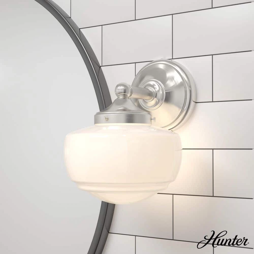 Saddle Creek 1-Light Brushed Nickel Wall Sconce with Cased White Glass Shade by Hunter 4 Saddle Creek 1-Light Brushed Nickel Wall Sconce with Cased White Glass Shade by Hunter - Image 2