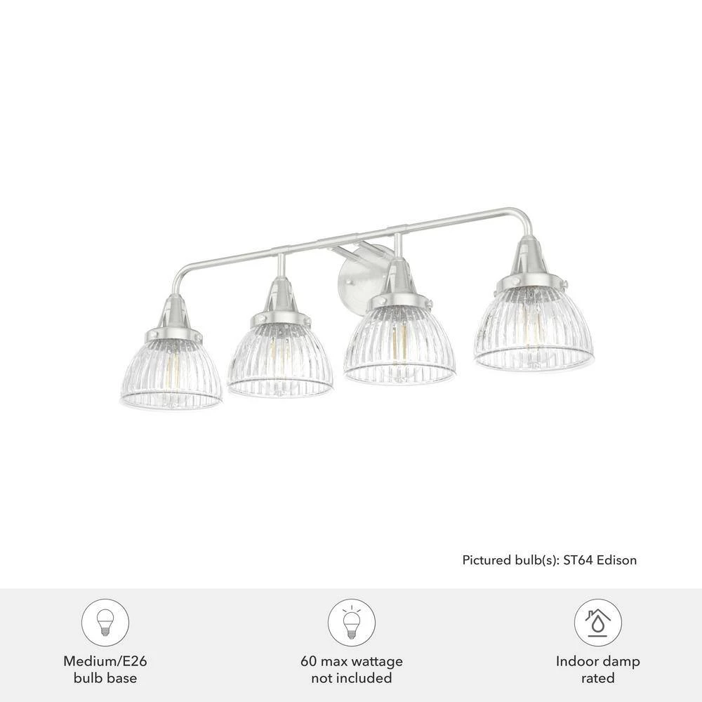 Cypress Grove 33 in. 4 Light Brushed Nickel Vanity Light with Clear Holophane Glass Shades Bathroom Light by Hunter 7 Cypress Grove 33 in. 4 Light Brushed Nickel Vanity Light with Clear Holophane Glass Shades Bathroom Light by Hunter - Image 5