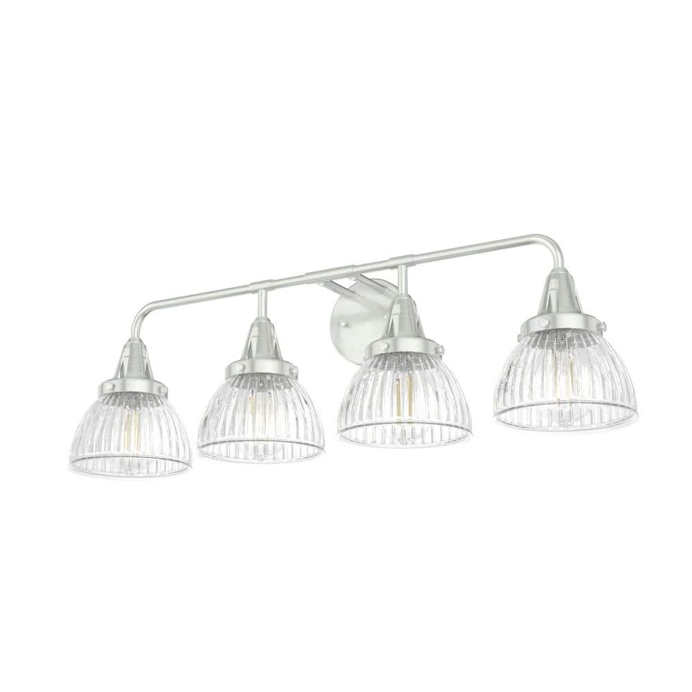Cypress Grove 33 in. 4 Light Brushed Nickel Vanity Light with Clear Holophane Glass Shades Bathroom Light by Hunter 3 Cypress Grove 33 in. 4 Light Brushed Nickel Vanity Light with Clear Holophane Glass Shades Bathroom Light by Hunter