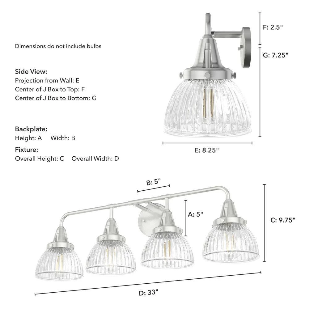 Cypress Grove 33 in. 4 Light Brushed Nickel Vanity Light with Clear Holophane Glass Shades Bathroom Light by Hunter 8 Cypress Grove 33 in. 4 Light Brushed Nickel Vanity Light with Clear Holophane Glass Shades Bathroom Light by Hunter - Image 6