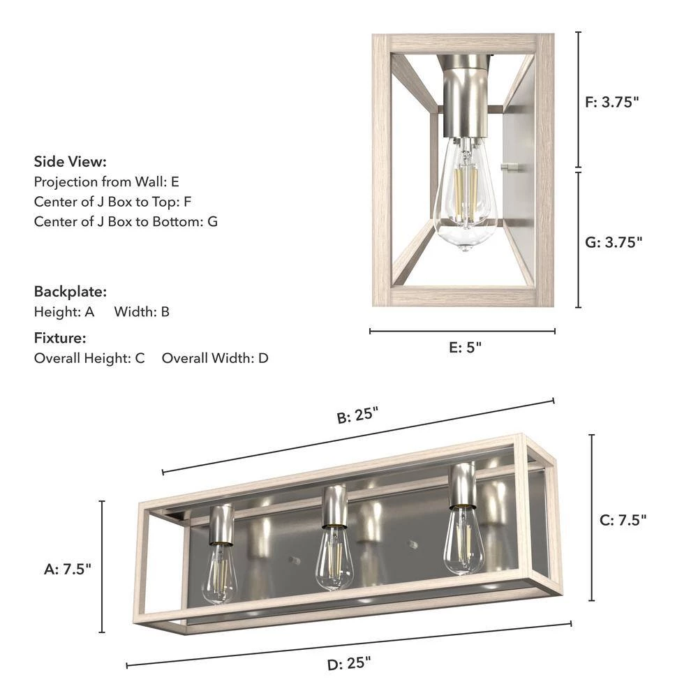 Squire Manor 25 in. 3-Light Brushed Nickel Vanity Light with Bleached Wood Frame by Hunter 7 Squire Manor 25 in. 3-Light Brushed Nickel Vanity Light with Bleached Wood Frame by Hunter - Image 5