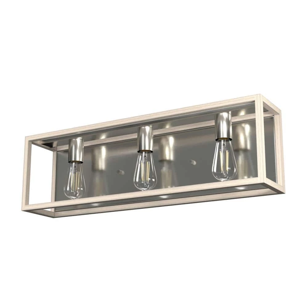 Squire Manor 25 in. 3-Light Brushed Nickel Vanity Light with Bleached Wood Frame by Hunter 3 Squire Manor 25 in. 3-Light Brushed Nickel Vanity Light with Bleached Wood Frame by Hunter
