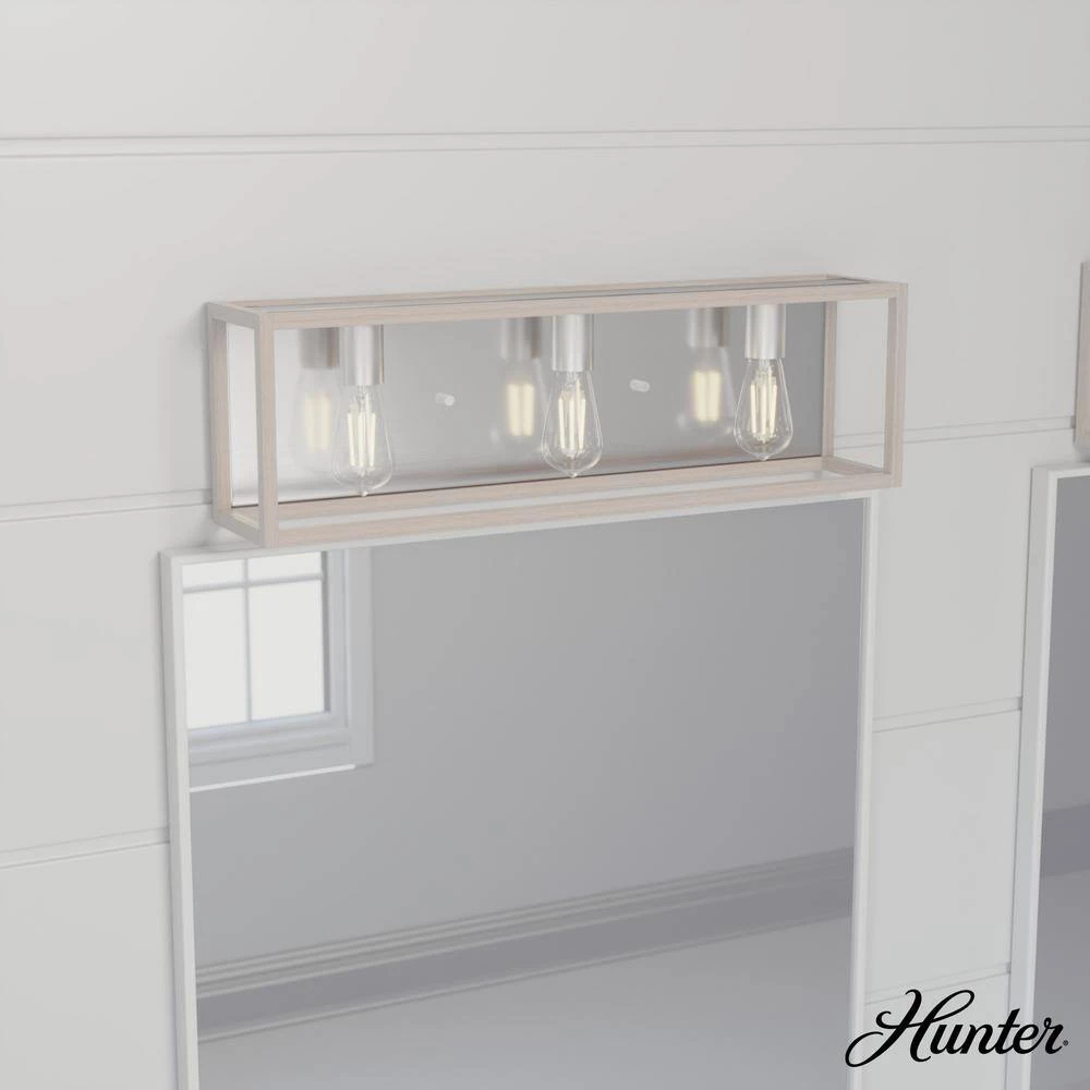 Squire Manor 25 in. 3-Light Brushed Nickel Vanity Light with Bleached Wood Frame by Hunter 4 Squire Manor 25 in. 3-Light Brushed Nickel Vanity Light with Bleached Wood Frame by Hunter - Image 2