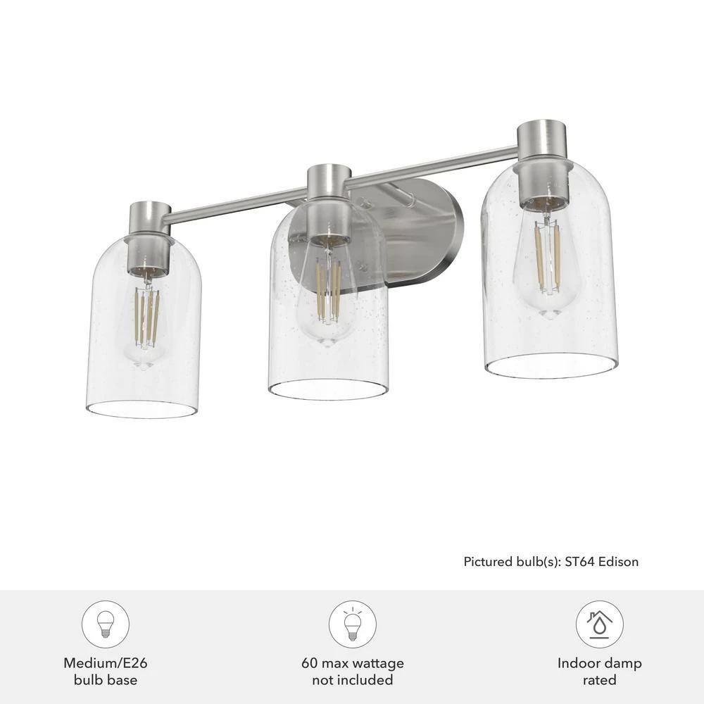 Lochemeade 22.5 in. 3 Light Brushed Nickel Vanity Light with Clear Seeded Glass Shades Bathroom Light by Hunter 7 Lochemeade 22.5 in. 3 Light Brushed Nickel Vanity Light with Clear Seeded Glass Shades Bathroom Light by Hunter - Image 5