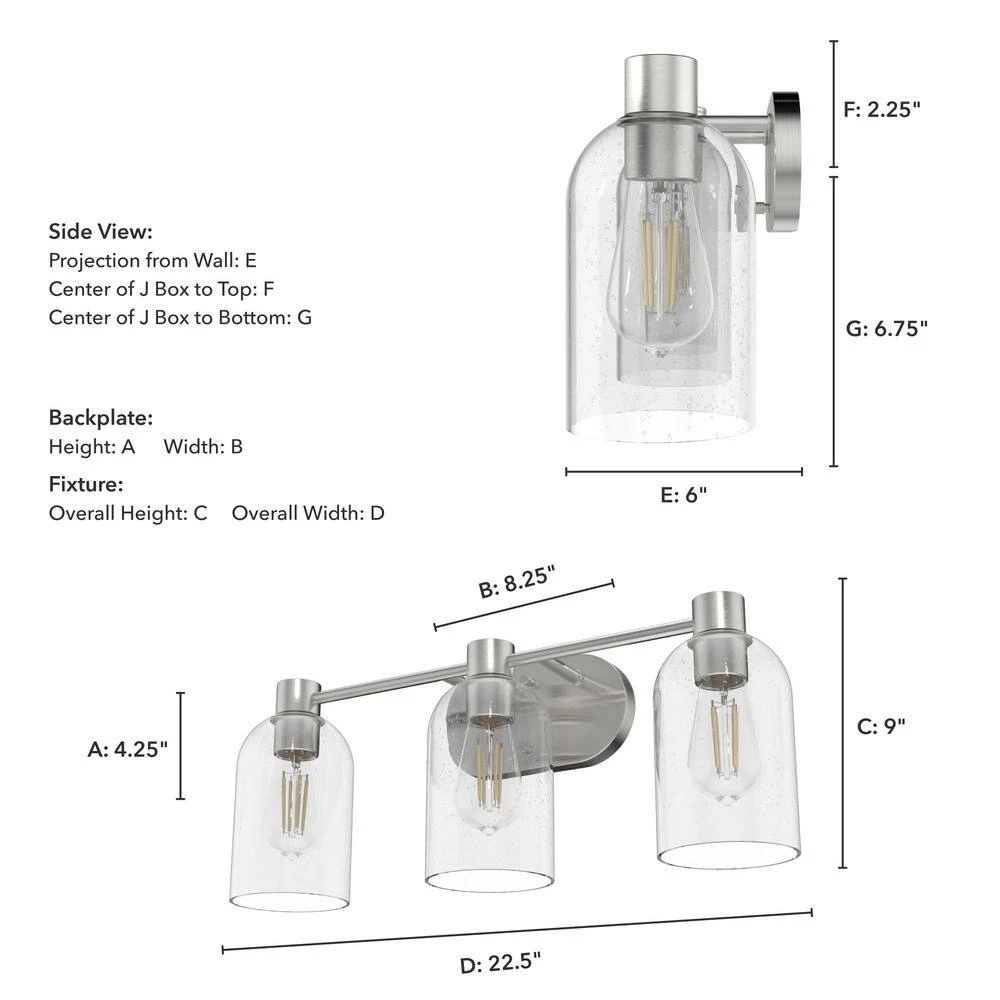 Lochemeade 22.5 in. 3 Light Brushed Nickel Vanity Light with Clear Seeded Glass Shades Bathroom Light by Hunter 8 Lochemeade 22.5 in. 3 Light Brushed Nickel Vanity Light with Clear Seeded Glass Shades Bathroom Light by Hunter - Image 6