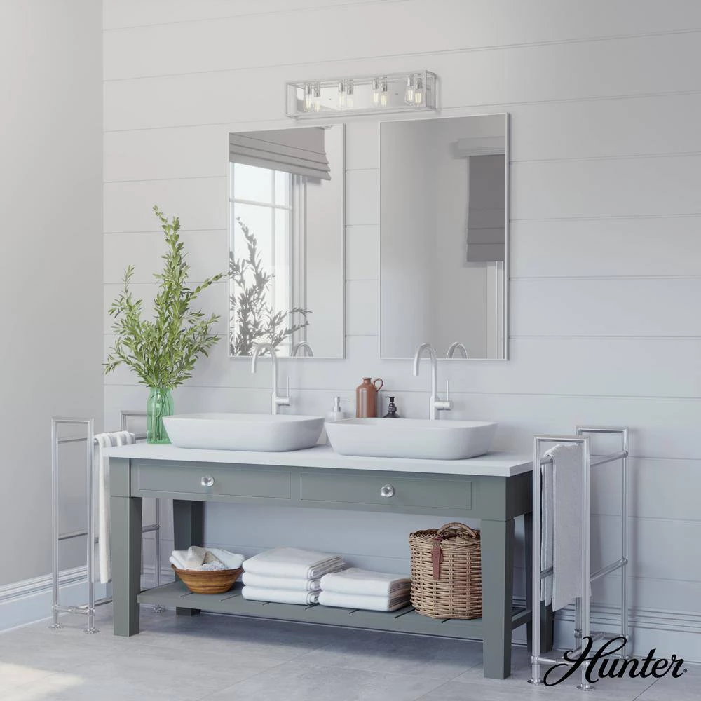 Squire Manor 33 in. 4-Light Chrome Vanity Light with Distressed White Frame by Hunter 5 Squire Manor 33 in. 4-Light Chrome Vanity Light with Distressed White Frame by Hunter - Image 3