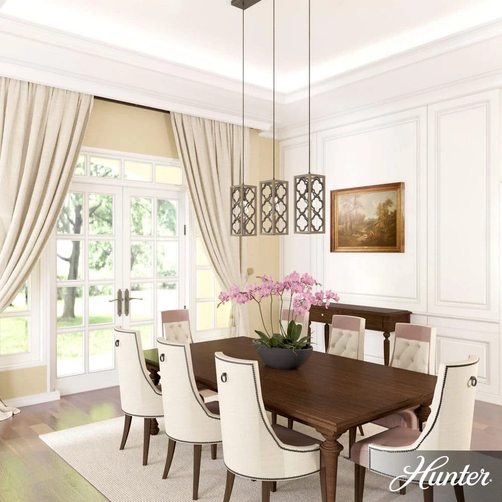 Gablecrest 3 Light French Oak Linear Chandelier with Metal Shades Kitchen Light by Hunter 5 Gablecrest 3 Light French Oak Linear Chandelier with Metal Shades Kitchen Light by Hunter - Image 3