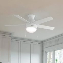 Anslee 46 in. Indoor Low Profile Fresh White Ceiling Fan With LED Light Kit and Remote by Hunter -Hunter Sales fresh white hunter ceiling fans with lights 32869 4f 1000