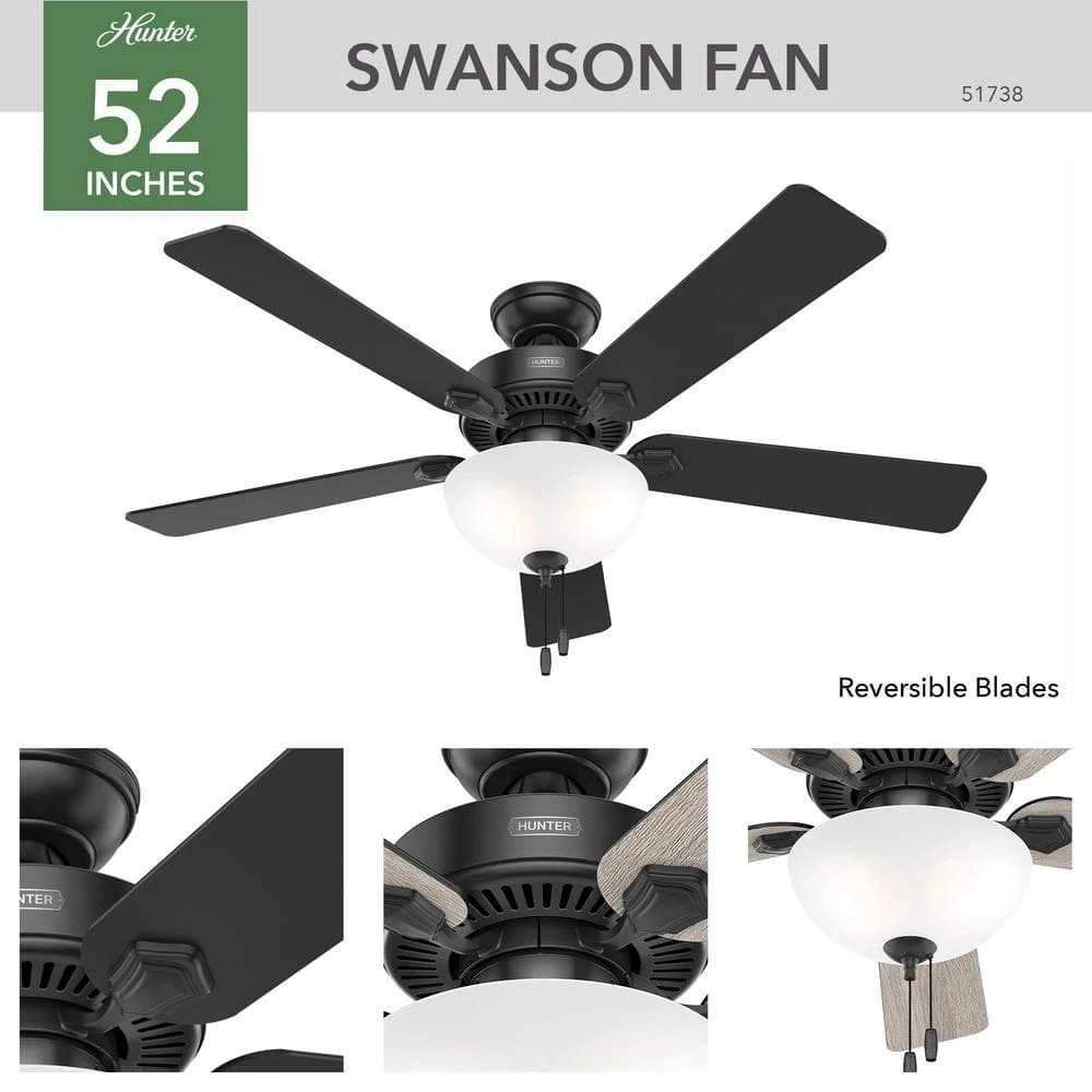 Swanson 52 in. Indoor Matte Black Ceiling Fan with Light Kit by Hunter 7 Swanson 52 in. Indoor Matte Black Ceiling Fan with Light Kit by Hunter - Image 5