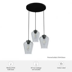 Vidria 3 Light Matte Black Chandelier with Clear Glass Shades Kitchen Light by Hunter -Hunter Sales matte black hunter chandeliers 19728 1d 1000