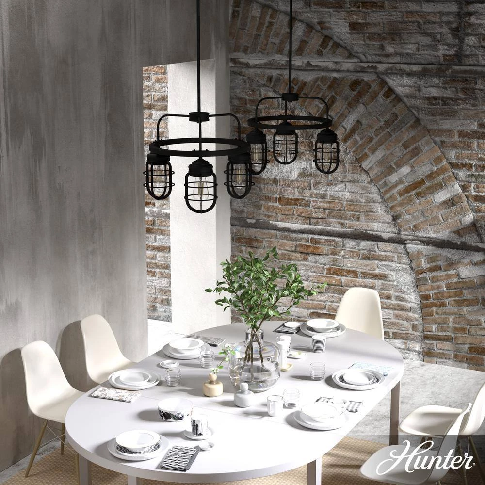 Starklake 3-Light Natural Iron Wagon Wheel Chandelier with Caged Metal Shades by Hunter 5 Starklake 3-Light Natural Iron Wagon Wheel Chandelier with Caged Metal Shades by Hunter - Image 3