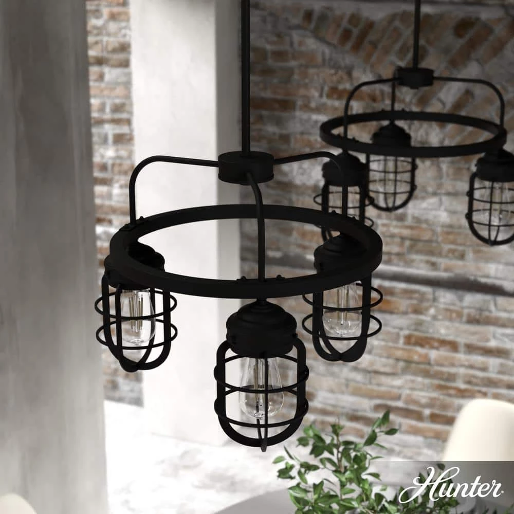 Starklake 3-Light Natural Iron Wagon Wheel Chandelier with Caged Metal Shades by Hunter 4 Starklake 3-Light Natural Iron Wagon Wheel Chandelier with Caged Metal Shades by Hunter - Image 2