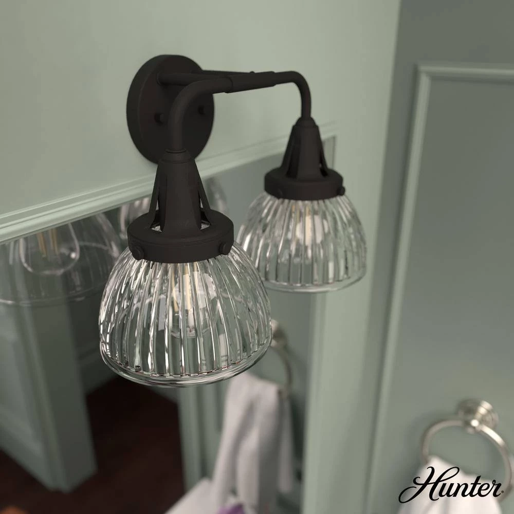 Cypress Grove 15.75 in. 2 Light Natural Iron Vanity Light with Clear Holophane Glass Shades Bathroom Light by Hunter 4 Cypress Grove 15.75 in. 2 Light Natural Iron Vanity Light with Clear Holophane Glass Shades Bathroom Light by Hunter - Image 2