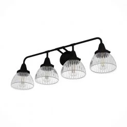 Cypress Grove 33 in. 4 Light Natural Iron Vanity Light with Clear Holophane Glass Shades Bathroom Light by Hunter -Hunter Sales natural iron hunter vanity lighting 19259 c3 1000