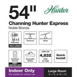 Channing 54 in. LED Indoor Easy Install Noble Bronze Ceiling Fan with HunterExpress Feature Set and Remote -Hunter Sales noble bronze hunter ceiling fans with lights 53366 77 1000