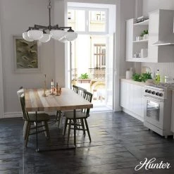 Saddle Creek 6-Light Noble Bronze Schoolhouse Chandelier with Cased White Glass Shades by Hunter -Hunter Sales noble bronze hunter chandeliers 19120 40 1000