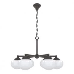 Saddle Creek 6-Light Noble Bronze Schoolhouse Chandelier with Cased White Glass Shades by Hunter