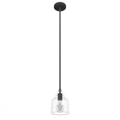 Dunshire 1-Light Noble Bronze Island Mini-Pendant Light with Clear Seeded Bell Glass Shade by Hunter