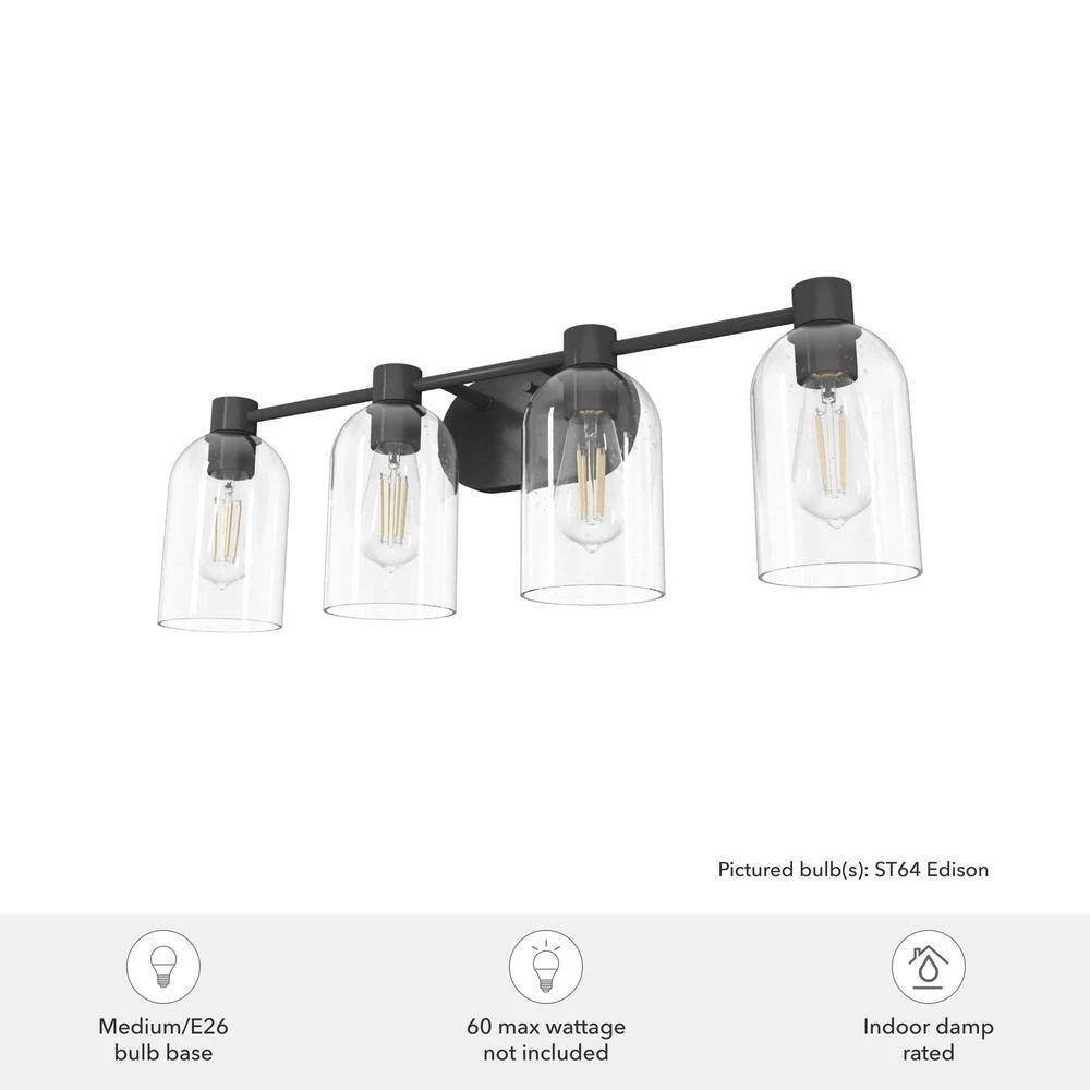 Lochemeade 28.5 in. 4 Light Noble Bronze Vanity Light with Clear Seeded Glass Shades Bathroom Light by Hunter 7 Lochemeade 28.5 in. 4 Light Noble Bronze Vanity Light with Clear Seeded Glass Shades Bathroom Light by Hunter - Image 5