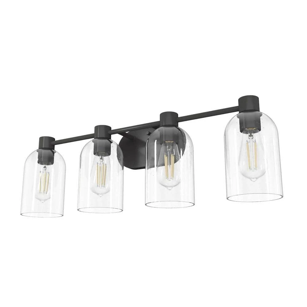 Lochemeade 28.5 in. 4 Light Noble Bronze Vanity Light with Clear Seeded Glass Shades Bathroom Light by Hunter 3 Lochemeade 28.5 in. 4 Light Noble Bronze Vanity Light with Clear Seeded Glass Shades Bathroom Light by Hunter
