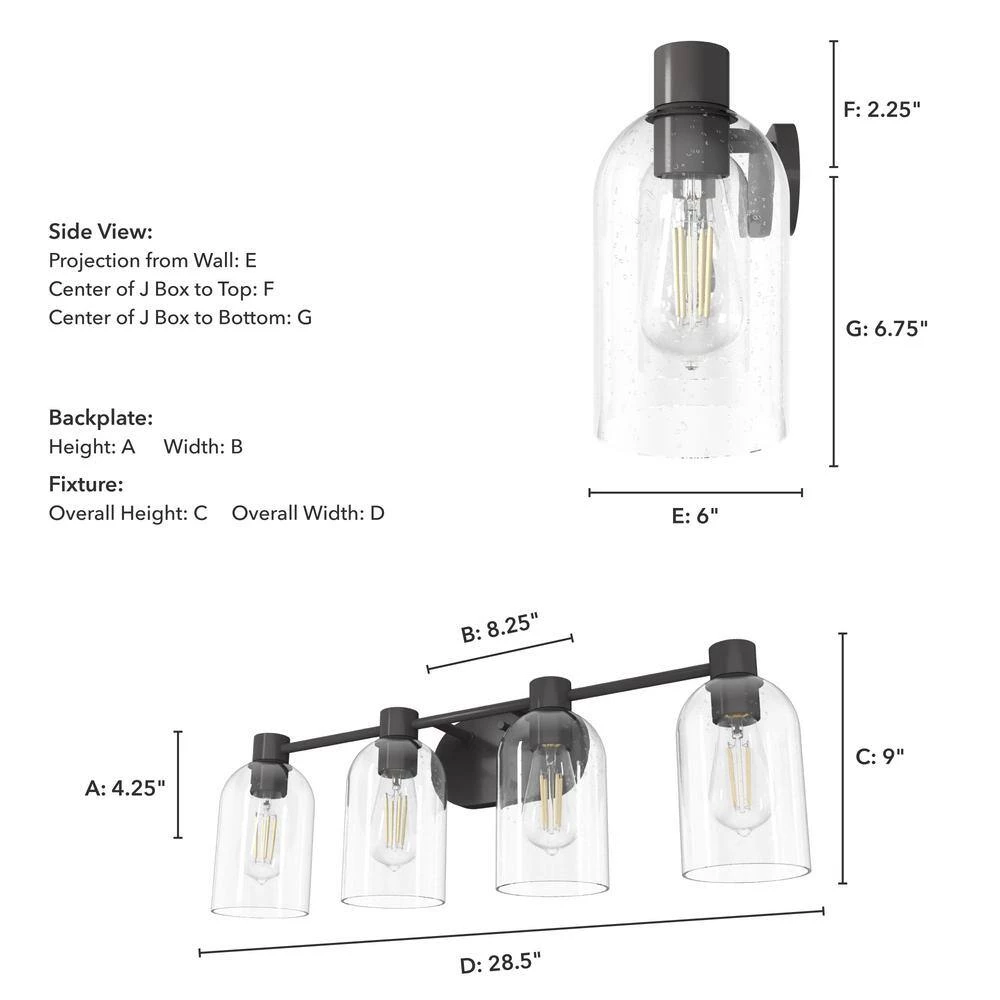 Lochemeade 28.5 in. 4 Light Noble Bronze Vanity Light with Clear Seeded Glass Shades Bathroom Light by Hunter 8 Lochemeade 28.5 in. 4 Light Noble Bronze Vanity Light with Clear Seeded Glass Shades Bathroom Light by Hunter - Image 6