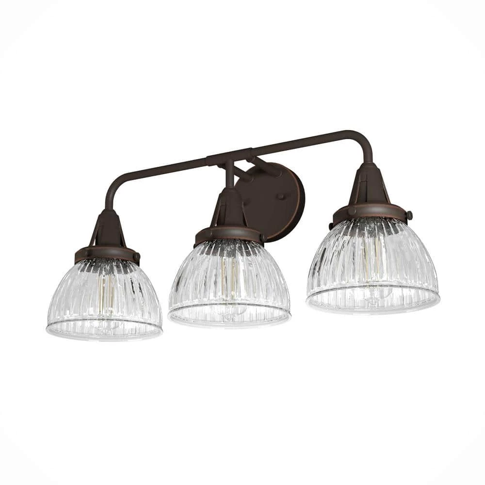 Cypress Grove 24.25 in. 3 Light Onyx Bengal Vanity Light with Clear Holophane Glass Shades Bathroom Light by Hunter 3 Cypress Grove 24.25 in. 3 Light Onyx Bengal Vanity Light with Clear Holophane Glass Shades Bathroom Light by Hunter