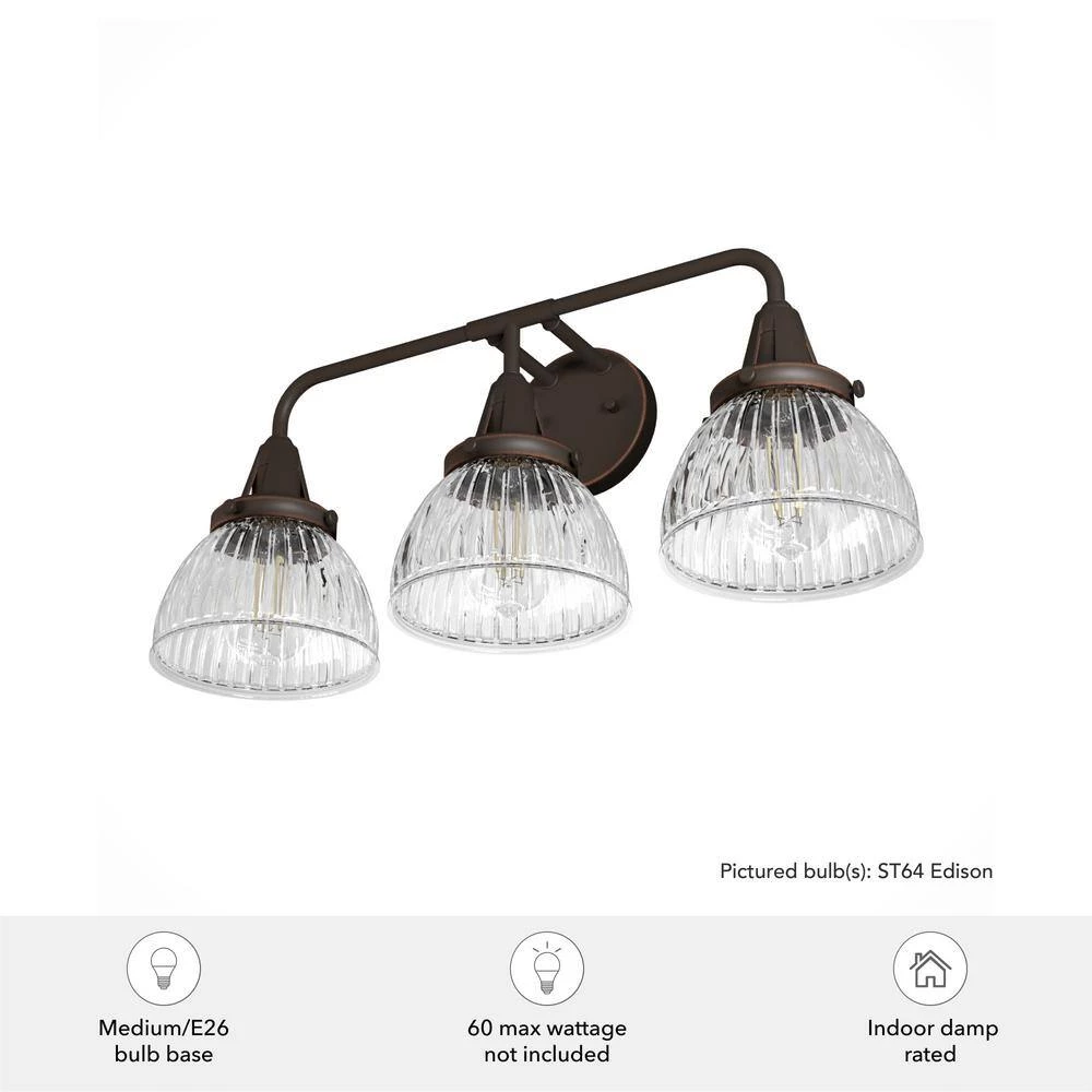 Cypress Grove 24.25 in. 3 Light Onyx Bengal Vanity Light with Clear Holophane Glass Shades Bathroom Light by Hunter 8 Cypress Grove 24.25 in. 3 Light Onyx Bengal Vanity Light with Clear Holophane Glass Shades Bathroom Light by Hunter - Image 6